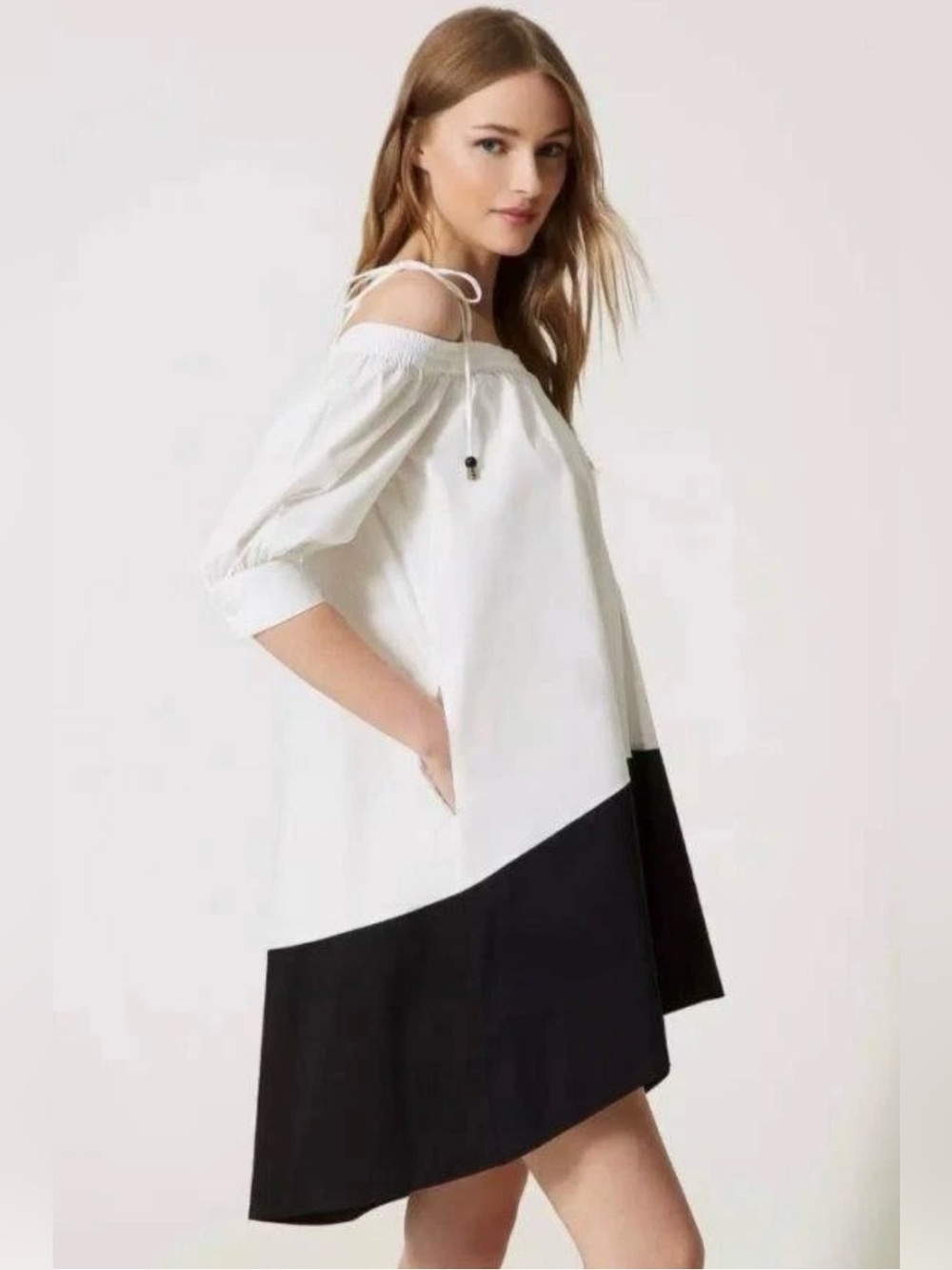 Twin-Set White and Black Off-Shoulder Colorblock Asymmetrical length dress